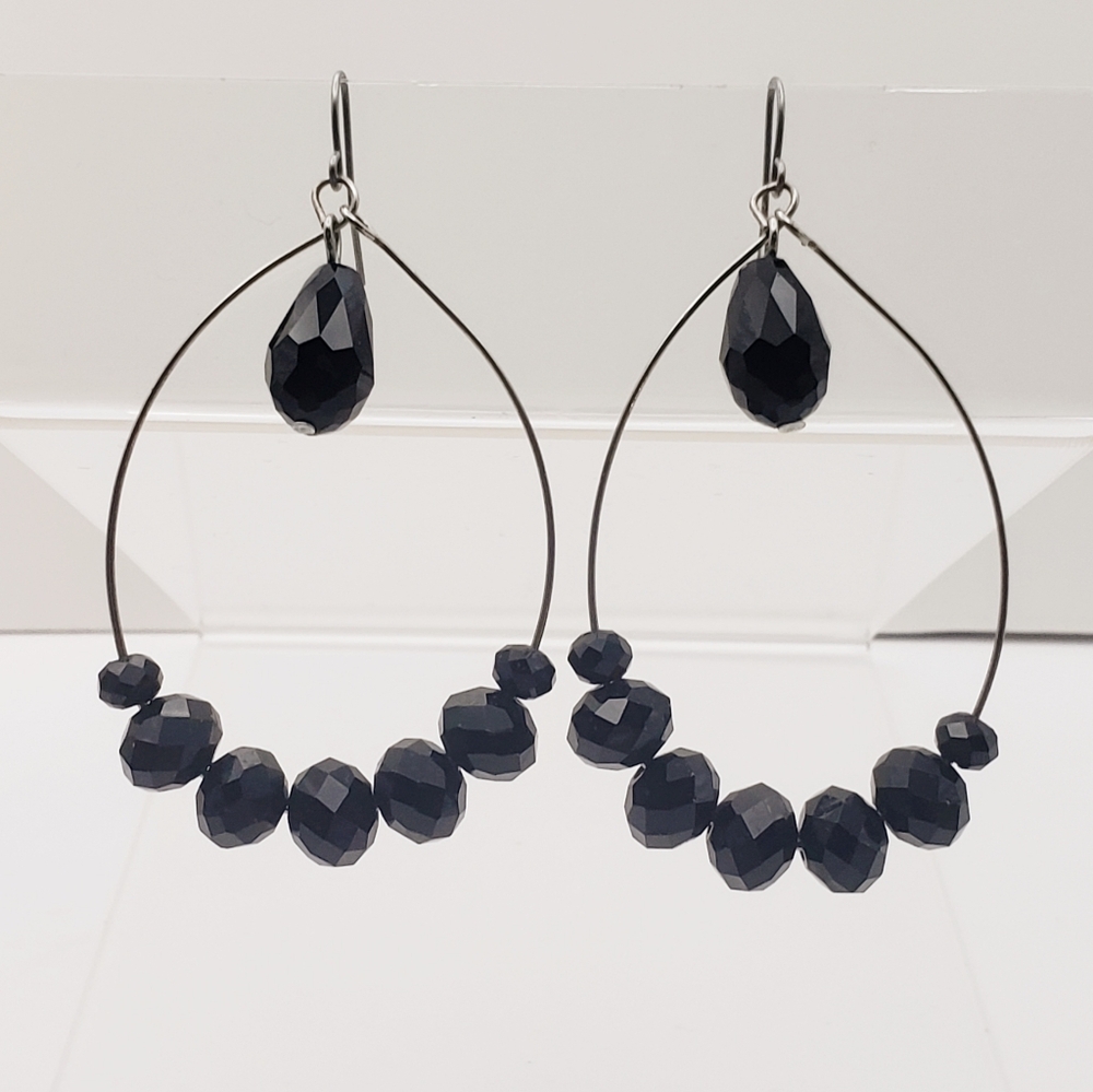 0071 Black Faceted Beaded Dangly Hoop Statement Earrings